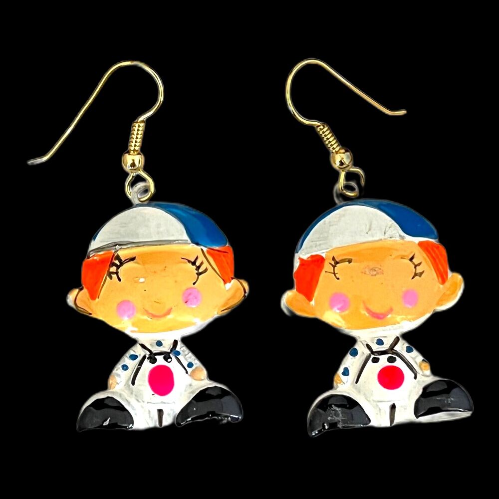 Vintage 1970s Baseball Boy Dangle Earrings Enamel Gold Tone - 2M